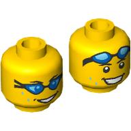 Minifig Head, Black Eyebrows, Sweat Drops, Smile with Teeth, Azure Swim Goggles over Eyes, Back Goggles on Forehead Gelb