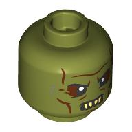 Minifig Head Orc, Reddish Brown Wrinkles, Eyeshadow, Tan Sharp Teeth, Closed Mouth with Top Fangs / Open Mouth with Bottom Fangs Print Olive Green