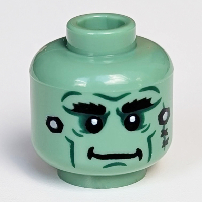 Minifig Head Frankenstein Monster, Stitches, Wrinkles, White Pupils, Thick Black Eyebrows Print Sandgrün