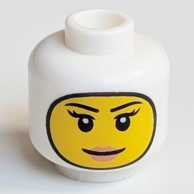 Minifig Head, Balaclava with Yellow Face, Thin Eyebrows, Eyelashes, White Pupils, Peach Lips, Smile Print White