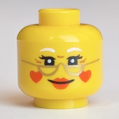 Minifig Head Mrs Claus, Red Lips, Gold Glasses, Red Hearts for Cheeks, Smiling Print Yellow