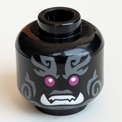 Minifig Head, Magenta Eyes, White Sharp Teeth, Fangs, Dark Bluish Gray Markings Print Schwarz