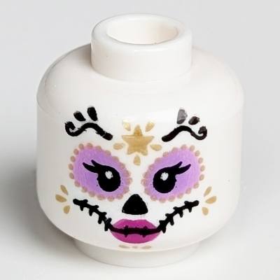 Minifig Head Skeleton, Catrina, Medium Lavender Round Eyes, Dark Pink Lips, Gold and Black Decorations Print Weiß