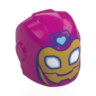 Helmet with Armor Plates and Ear Protectors with Gold Mask, White Eyes, Bright Light Blue Hear, Dark Purple Frame print (Ironheart) Magenta