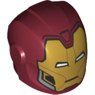 Helmet with Armor Plates and Ear Protectors with Gold Face and White Rectangular Eyes Print (Iron Man) Dark Red