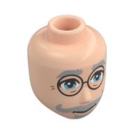 Minidoll Head Male, Light Bluish Grey Thick Eyebrows, Moustache, Goatee, Bright Light Blue Eyes, Black Glasses Light Nougat