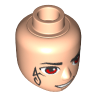 Minidoll Head Male, Thin Black Eyebrows and Red Eyes, Black Elves Tattoo on Right Cheek, Open Mouth Smirk Print in 