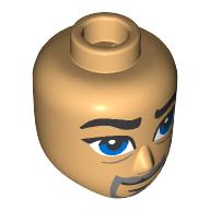 Minidoll Head Male, Thick Black Eyebrows, Blue Eyes, Dark Bluish Grey Beard Warm Tan