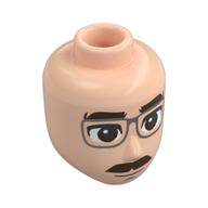 Minidoll Head Male Thick dark Brown Eyebrows, Mustache, Silver Glasses Light Nougat