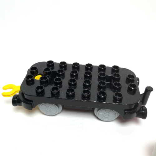 Duplo Train Base 4 × 8 with Light Bluish Gray Train Wheels and Yellow Moveable Hook in Black