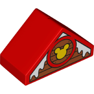 Duplo Brick 4 × 2 Double Slope 45° with Wood Panels, Snow, and Mickey Mouse Logo Print Red
