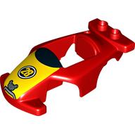 Duplo Race Car Body, Black Windshield with Wide Yellow Stripe, with '28' & Mickey Mouse Print Red