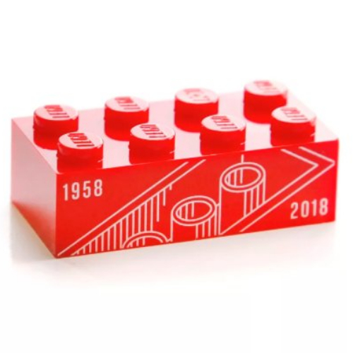 Brick 2 × 4 with White '1958' and '2018' Print Red
