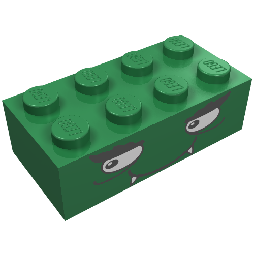 Brick 2 × 4 with Smiling Face with Fangs Print Green