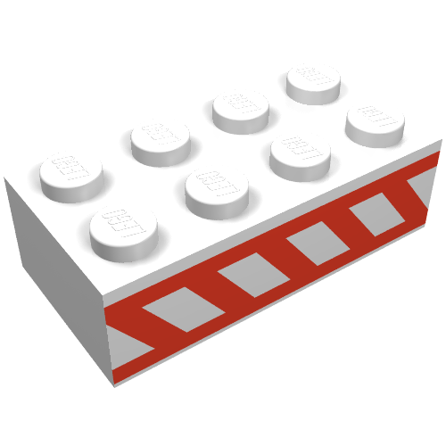 Brick 2 × 4 with Angled Red Stripes Between Two Horizontal Red Stripes Print White