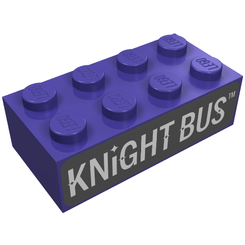 Brick 2 × 4 with 'KNIGHT BUS' Print Dunkellila