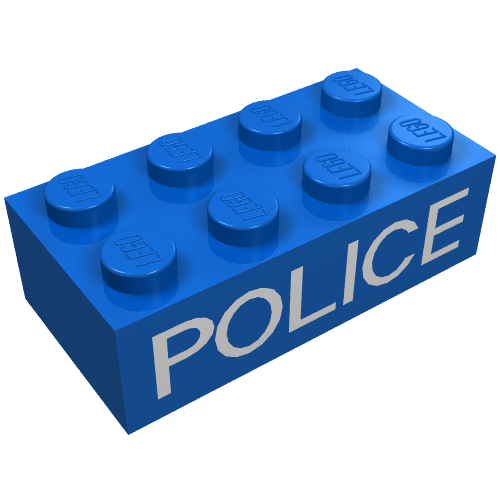 Brick 2 × 4 with White 'POLICE' Thin Print Blue