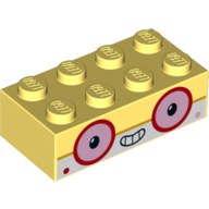 Brick 2 × 4 with Pink Eyes with Red Border, Teeth Mouth print Leuchtendes Hellgelb