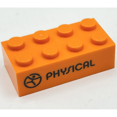 Brick 2 × 4 with 'PHYSICAL' and Icon Print Orange