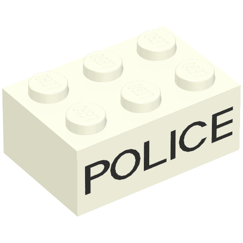 Brick 2 × 3 without Cross Supports with Black 'POLICE' Sans-Serif Print White