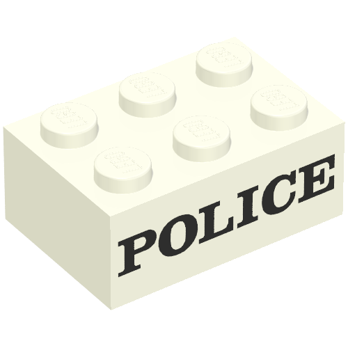 Brick 2 × 3 without Cross Supports with Black 'POLICE' Serif Bold Print (Embossed) White