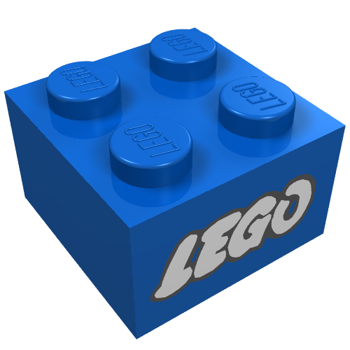 Brick 2 × 2 without Inside Ridges with LEGO Logo with Open O White with no Black Outline Print Blue