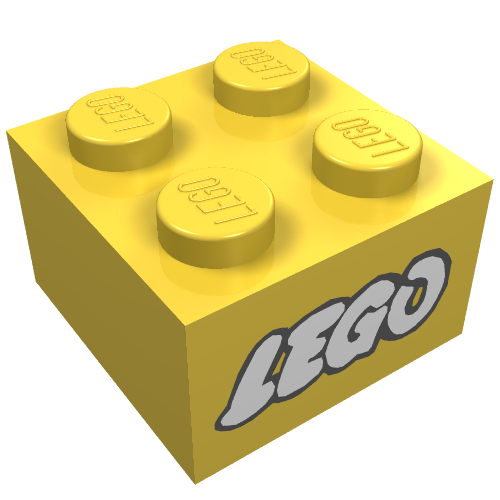 Brick 2 × 2 without Inside Ridges with LEGO Logo with Open O White with Black Outline Print Yellow