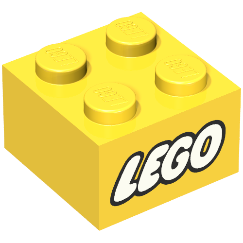 Stein 2 × 2 mit LEGO Logo mit geschlossen O weiß Druck Gelb