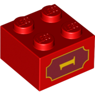Brick 2 × 2 with Yellow '1' and Fancy Outline Print on Both Sides Red