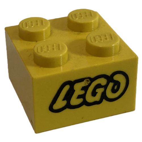 Brick 2 × 2 with LEGO Logo with Open O Black Outline Print Gelb
