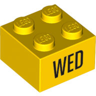 Brick 2 × 2 with Black 'WED' Print Yellow