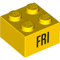 Brick 2 × 2 with Black 'FRI' Print Gelb