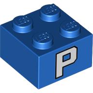 Brick 2 × 2 with White 'P' Print in Blue