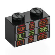 Brick 1 × 2 with 'NOV 05 1955', 'OCT 26 1985', 'OCT 26 1985' print Black