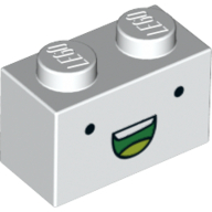 Brick 1 × 2 with Small Black Eyes, Green Open Mouth Smile with Teeth Print Weiß