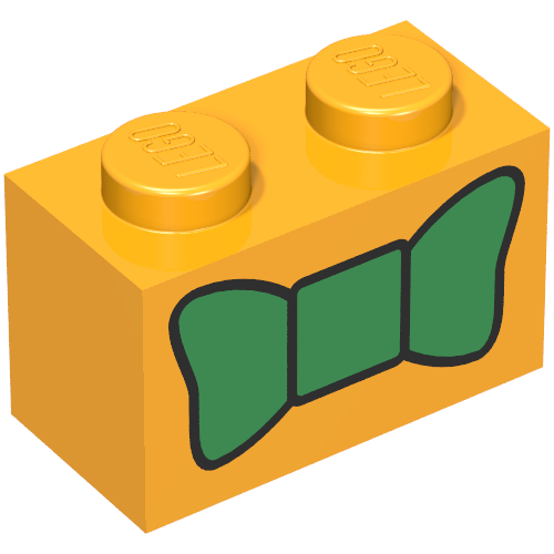 Brick 1 × 2 with Green Bow Tie Print Bright Light Orange