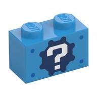 Brick 1 × 2 with '?' on Gear Background and Blue Spots Print Dark Azure