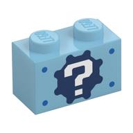 Brick 1 × 2 with '?' on Gear Background and Blue Spots Print Medium Azure