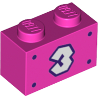 Brick 1 × 2 with White '3', Dark Purple Border, Dots print Dark Pink