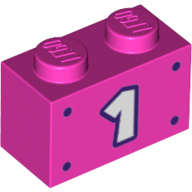 Brick 1 × 2 with White '1', Dark Purple Border, Dots print Dunkelrosa