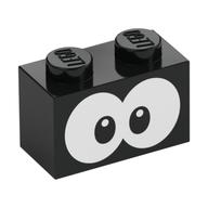 Brick 1 × 2 with White Eyes print Schwarz