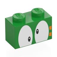 Brick 1 × 2 with Crossed Eyes and Orange Marking Print in Bright Green