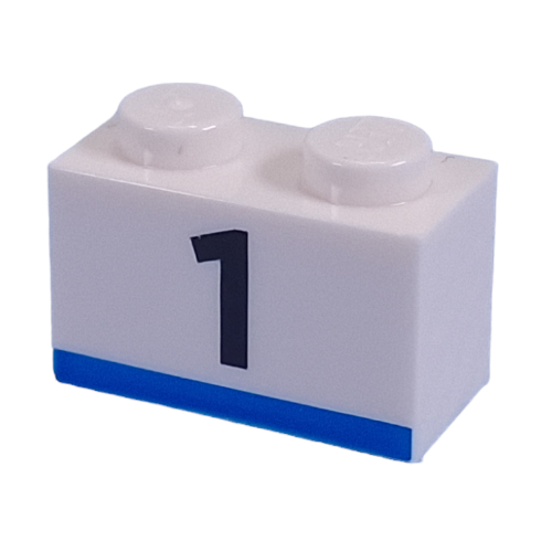 Brick 1 × 2 with Black '1', Blue Stripe print White