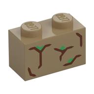 Brick 1 × 2 with Dark Brown Bark, Green Leaves print Dunkelbeige
