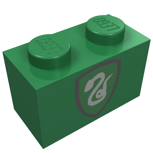 Brick 1 × 2 with Silver Snake on Green Shield Print Grün
