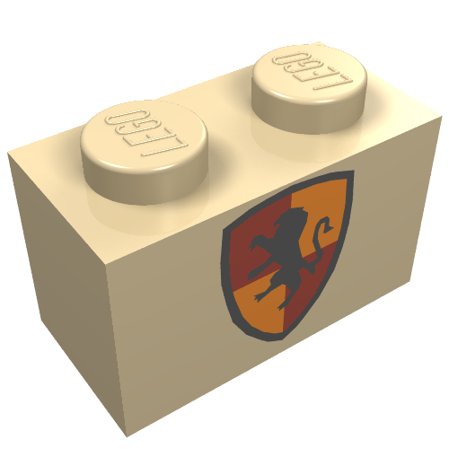 Brick 1 × 2 with Black Lion on Red/Gold Shield Print Beige