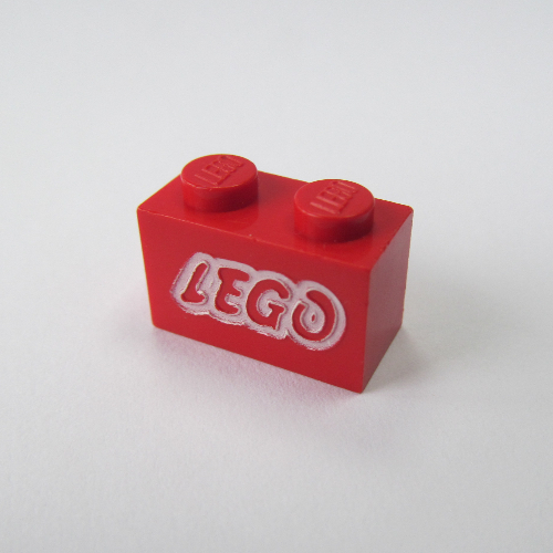 Brick 1 × 2 with LEGO Logo Open O White Outline Print Rot