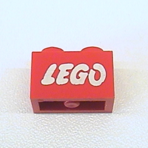 Brick 1 × 2 with LEGO Logo Open O White with no Outline Print Red