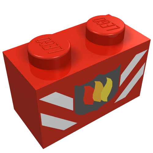Brick 1 × 2 with Fire Logo Badge and White Stripes Print Rot