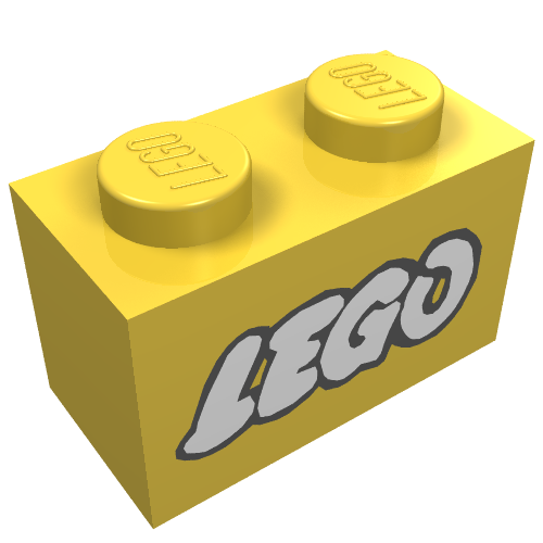 Brick 1 × 2 with LEGO Logo Open O White with Black Outline Print Gelb